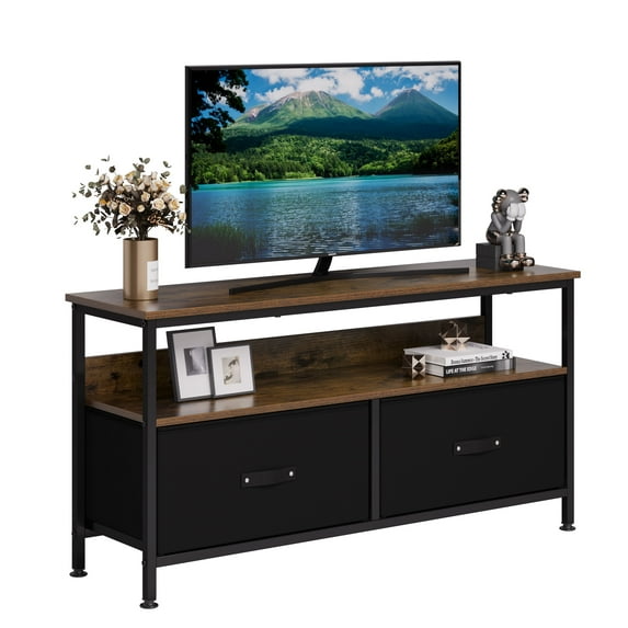 Jojoka Dresser TV Stand Entertainment Center for 50 Inch TV, Wood Top TV Stand with 2 Fabric Storage Drawers and Shelves for Bedroom, TV & Media Console Table Furniture for Living Room, Brown & Black