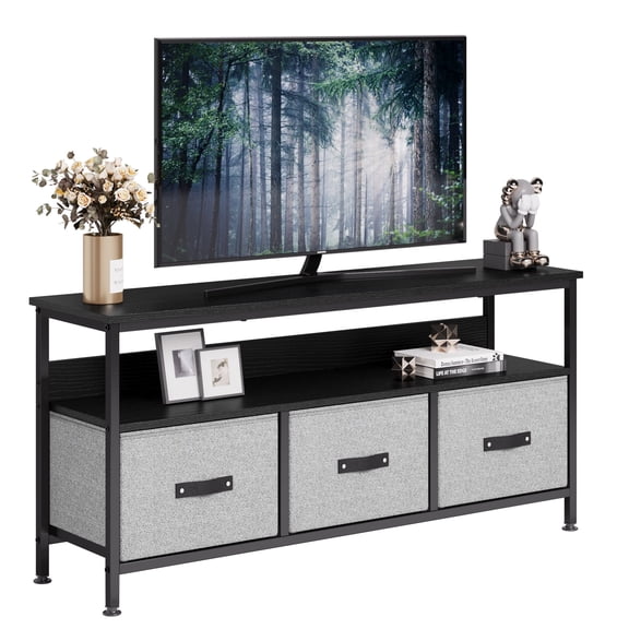 Sakiyr Dresser TV Stand Entertainment Center for 55 Inch TV, Wood Top TV Stand with 3 Fabric Storage Drawers and Shelves for Bedroom, TV & Media Console Table Furniture for Living Room, Black & Grey