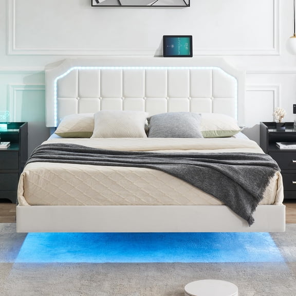 Jojoka Floating Queen Size Bed Frame with LED Light, PU Leather Upholstered Platform with Adjustable Headboard, Heavy Duty Metal Bed Frame, No Box Spring Needed, Easy Assembly, White