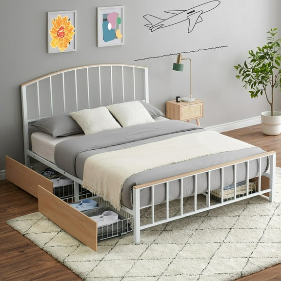 Jojoka Full Metal Platform Bed Frame with 4 Underbed Storage Drawers on Wheels, Headboard & Footboard, Heavy Duty Steel Slats, No Box Spring Needed, Easy Assembly, Modern Bed for Bedroom