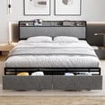 thumbnail image 1 of Jojoka Full Size Bed Frame with 2 Storage Drawers, Platform with Linen Upholstered Storage Headboard and Charging Station, Heavy Duty Metal Bedframe, No Box Spring Needed, Easy Assembly, Grey, 1 of 8