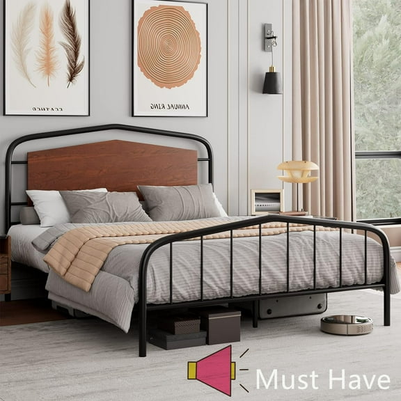 Jojoka Full Size Bed Frame with Rustic Wooden Headboard and Footboard, Heavy Duty Metal Platform, 12'' Under Bed Storage, Noise-Free, No Box Spring Needed, Easy Assembly