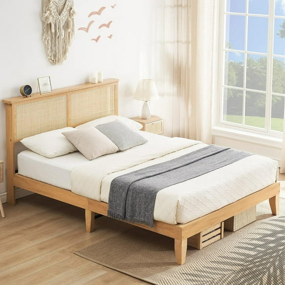 Jojoka Full Size Platform Bed Frame with Rattan Headboard and RGB LED Lights, Noise-Free Wood & Metal Bed with Underbed Storage, Easy Assembly, No Box Spring Needed