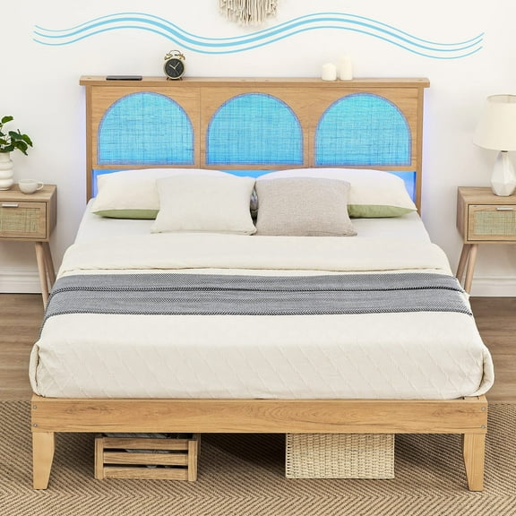Jojoka Full Size Rattan Bed Frame with LED Lights and Storage, Boho Style Wooden Platform Bed with Headboard Shelf, No Box Spring Needed, Easy Assembly