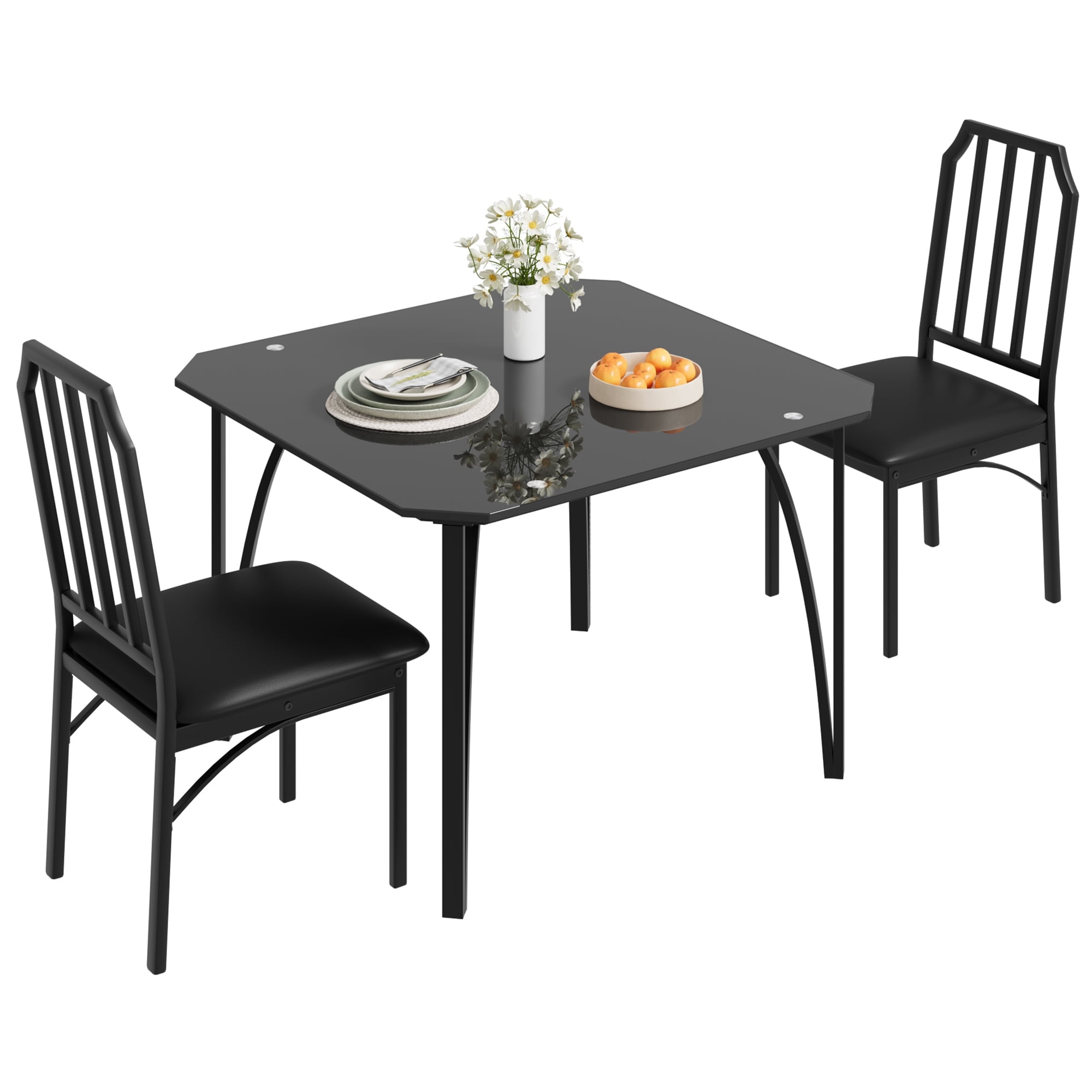 Jojoka Glass Dining Set for 2, Glass Dining Table with 2 PU Leather ...