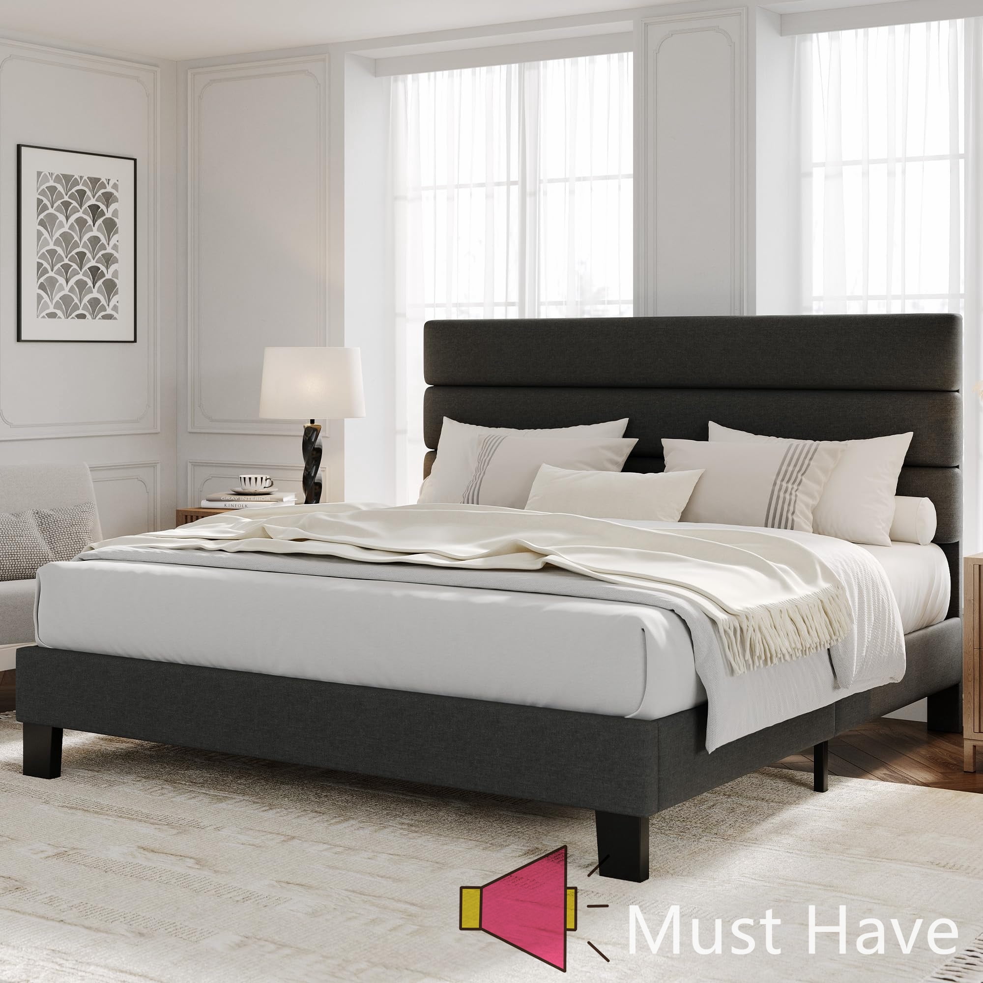 Jojoka King Size Bed Frame with Adjustable Linen Upholstered Headboard, Heavy Duty Platform Bed with Wooden Slats, No Box Spring Needed, Noise-Free Design, Easy Assembly, 1000 lbs Support
