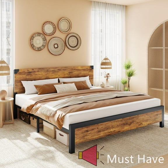 Jojoka King Size Bed Frame with Sturdy Metal Platform and Rustic Wood Headboard, Noise-Free Structure, No Box Spring Needed, Easy Assembly, Modern Low-Profile Design for Any Bedroom Décor