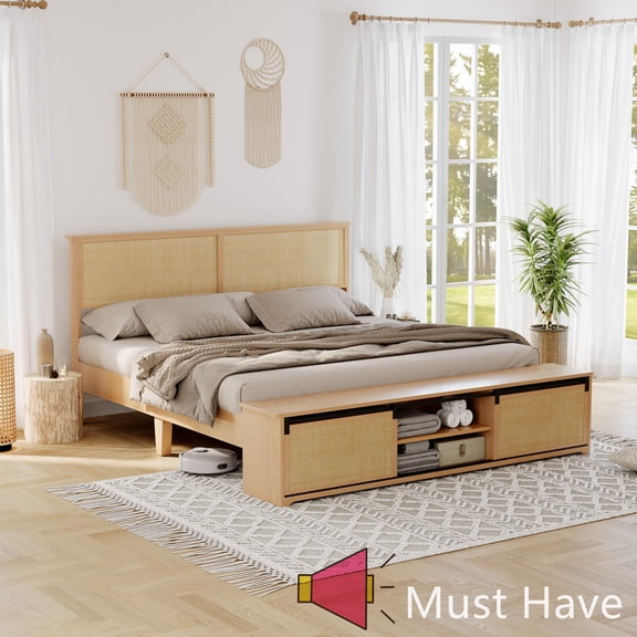 Jojoka King Size Boho Rattan Bed Frame with LED Headboard, Sliding Barn Door Storage Cabinet, Solid Wood Legs & Slats, No Box Spring Needed, Farmhouse Platform Bed