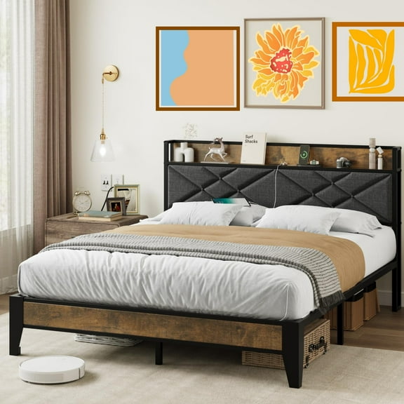 Jojoka King Size Metal Platform Bed Frame with Charging Station, Storage Headboard with USB Ports & Outlets, Upholstered Industrial Bed, No Box Spring Needed, 11" Underbed Storage, Easy Assembly