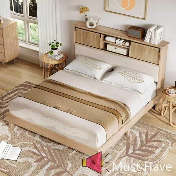 Jojoka King Size Rattan Bed Frame with Headboard & Sliding Storage Shelf, Solid Wood Platform Bed, No Box Spring Needed, Boho Style, Quiet Slats, Easy Assembly