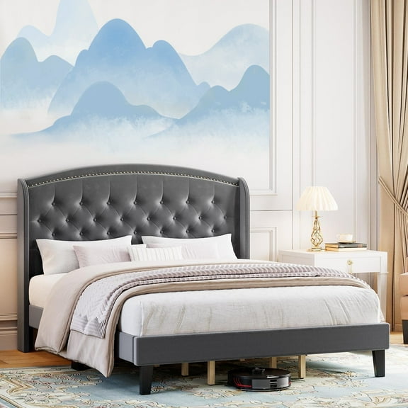 Jojoka King Size Velvet Upholstered Platform Bed Frame with Wingback Headboard, Button Tufted Platform Bed, Nailhead Trim, No Box Spring Needed, Wood Slats, Modern Bed for Bedroom, Gray