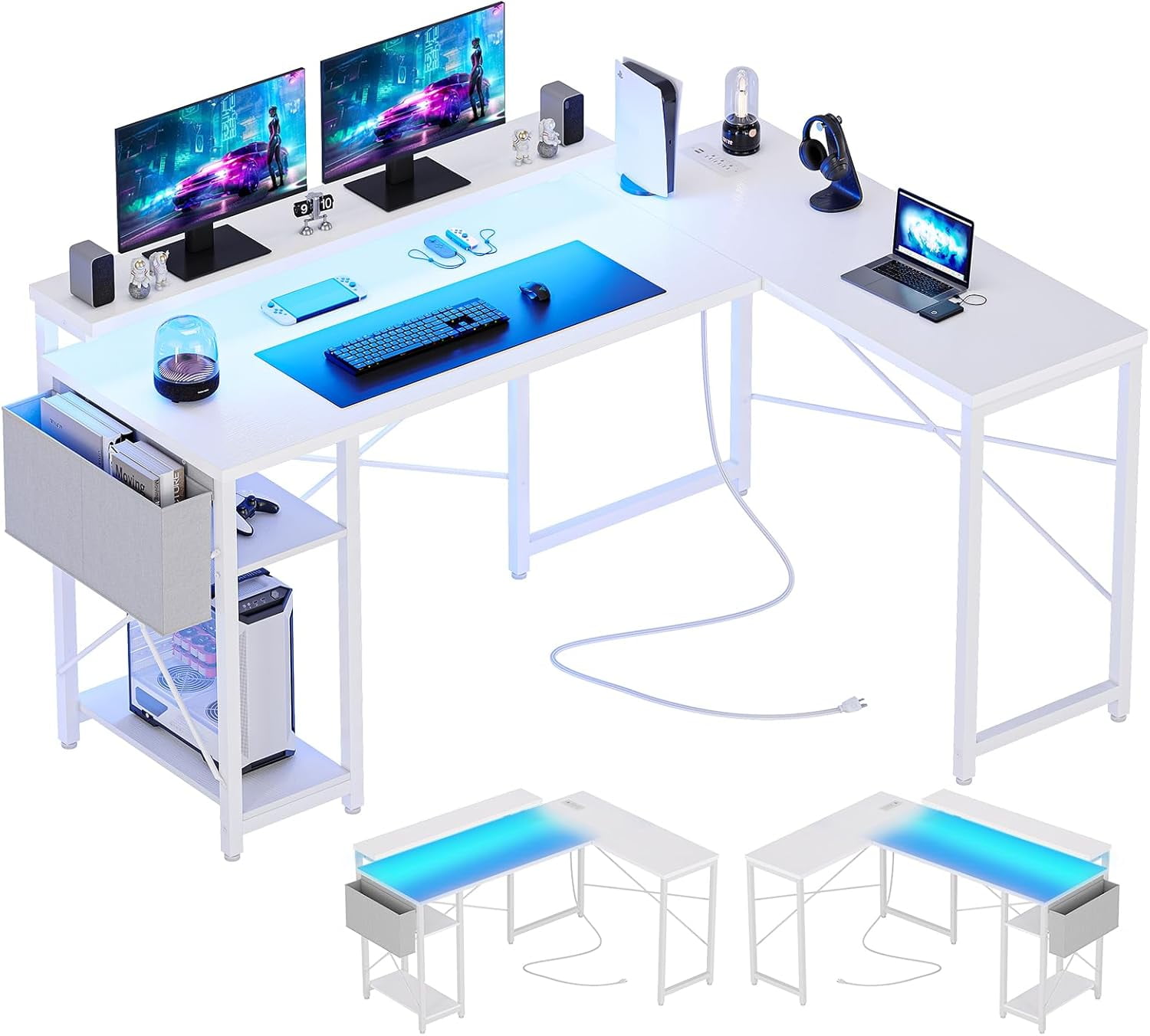 Black L-Shaped Adjustable Gaming Desk with USB Ports