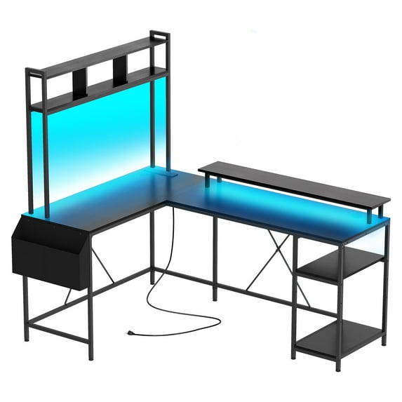 Jojoka L Shaped Storage Shelf Computer Gaming Desk with LED Lights & Power Outlets, 67" Reversible Large Corner Desk with Monitor Stand, Home Office Desk, Study Desk, Writing Desk, Workstation, Black