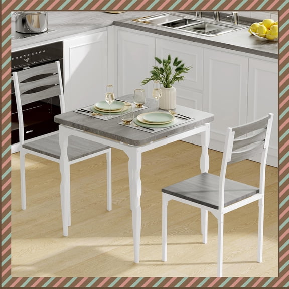 Jojoka Modern 3-Piece Dining Set for 2 with Compact Table and Chairs, Space-Saving Kitchen Set with Stylish Metal Legs for Small Apartments, Light Gray