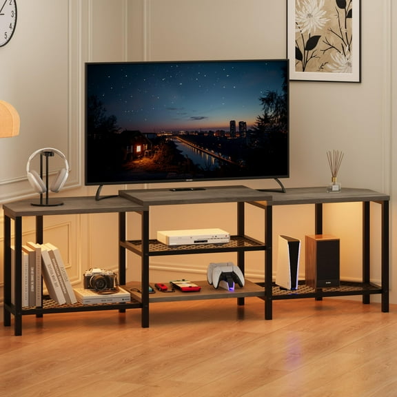 Jojoka Modern Corner TV Stand with LED Lights, Power Outlets, USB Ports, and Ample Storage for 55-70 Inch TVs – Gray