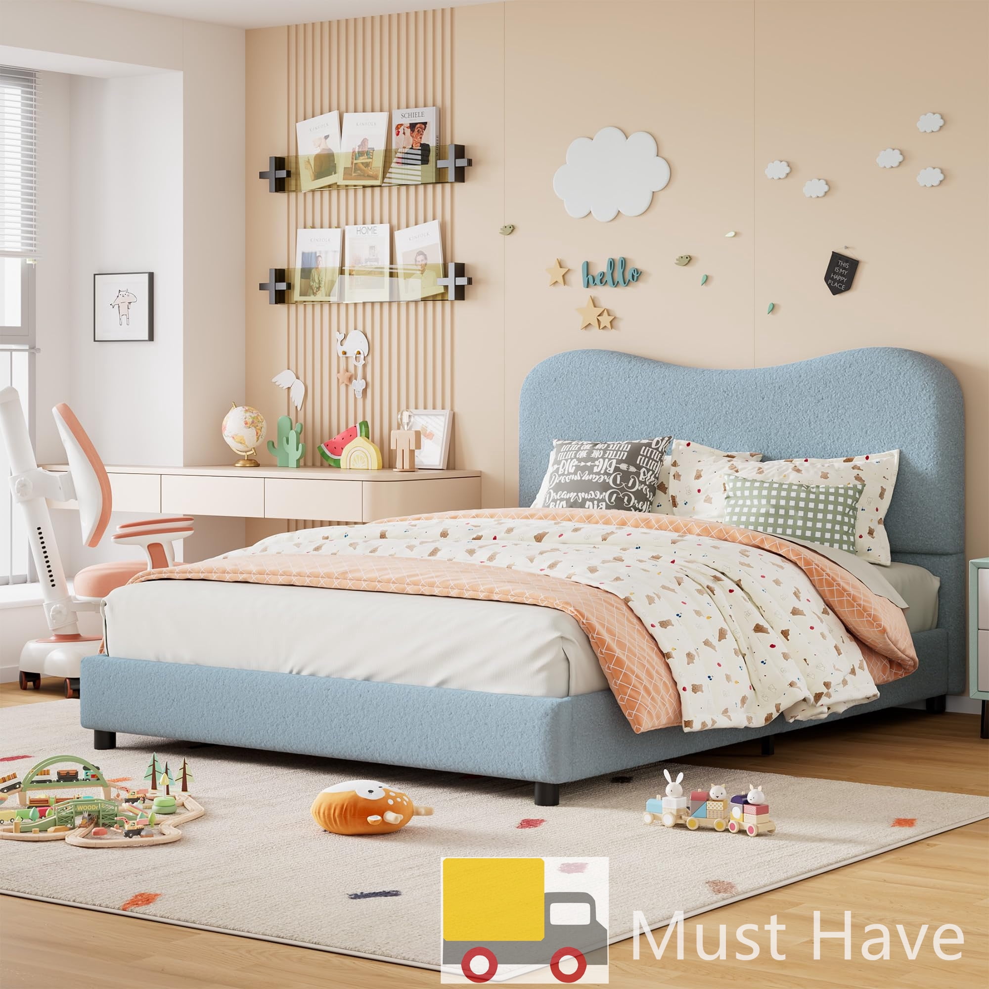 Jojoka Modern Full Bed Frame Upholstered in Soft Boucle Fabric, Sturdy Wooden Slats, No Gap Headboard, Easy Assembly, No Box Spring Needed, Blue