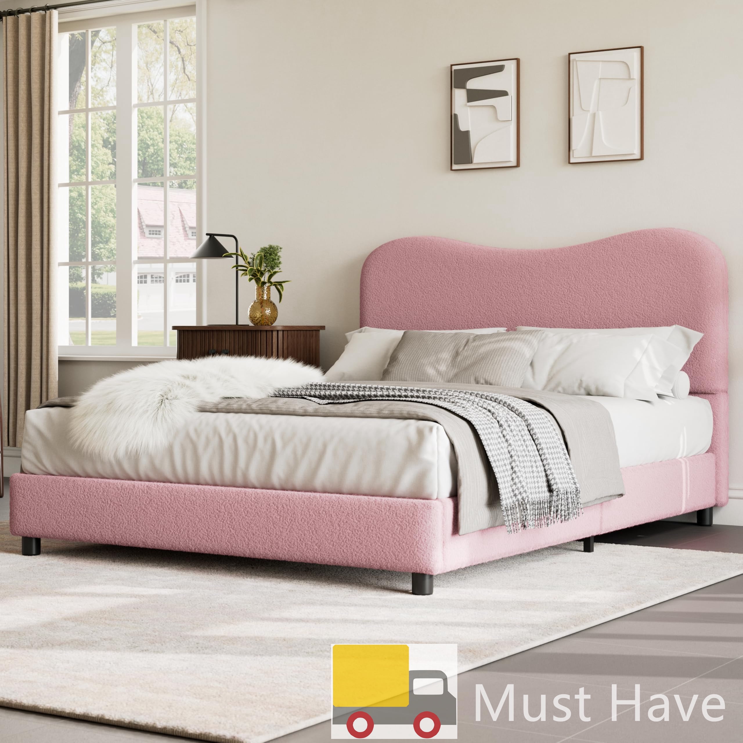 Jojoka Modern Full Bed Frame Upholstered in Soft Boucle Fabric, Sturdy Wooden Slats, No Gap Headboard, Easy Assembly, No Box Spring Needed, Pink
