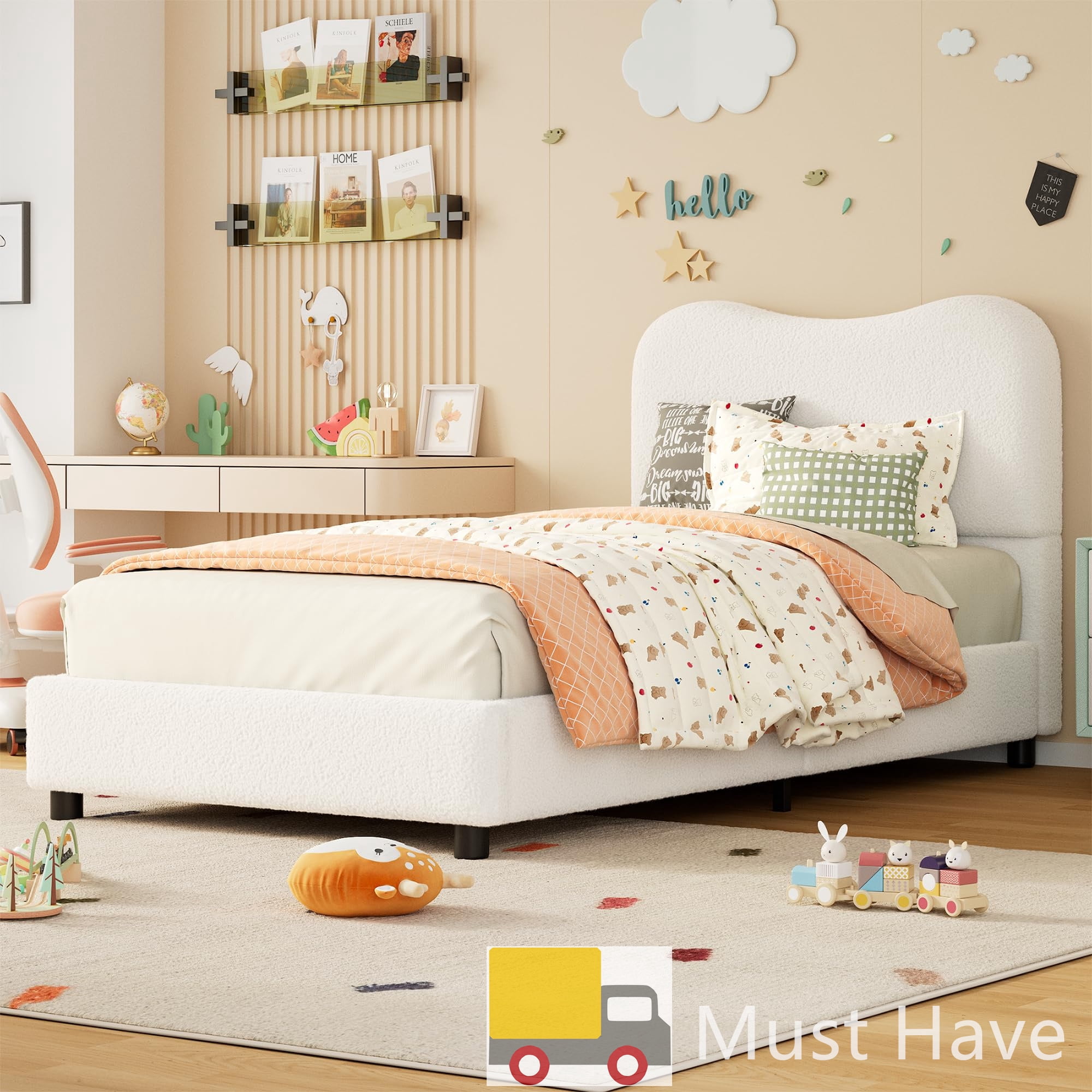Jojoka Modern Queen Bed Frame Upholstered in Soft Boucle Fabric, Sturdy Wooden Slats, No Gap Headboard, Easy Assembly, No Box Spring Needed, Beige