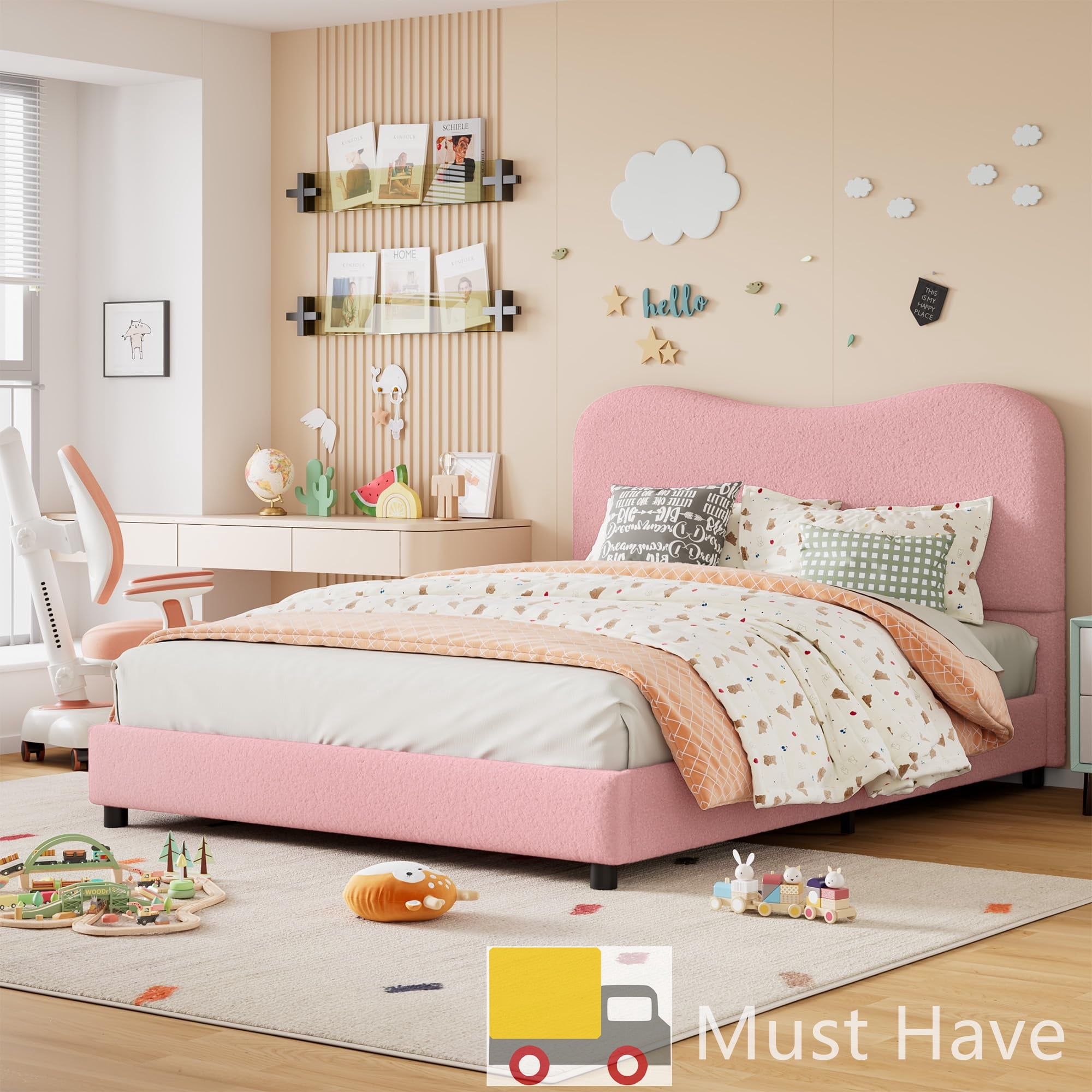 Jojoka Modern Queen Bed Frame Upholstered in Soft Boucle Fabric, Sturdy Wooden Slats, No Gap Headboard, Easy Assembly, No Box Spring Needed, Pink