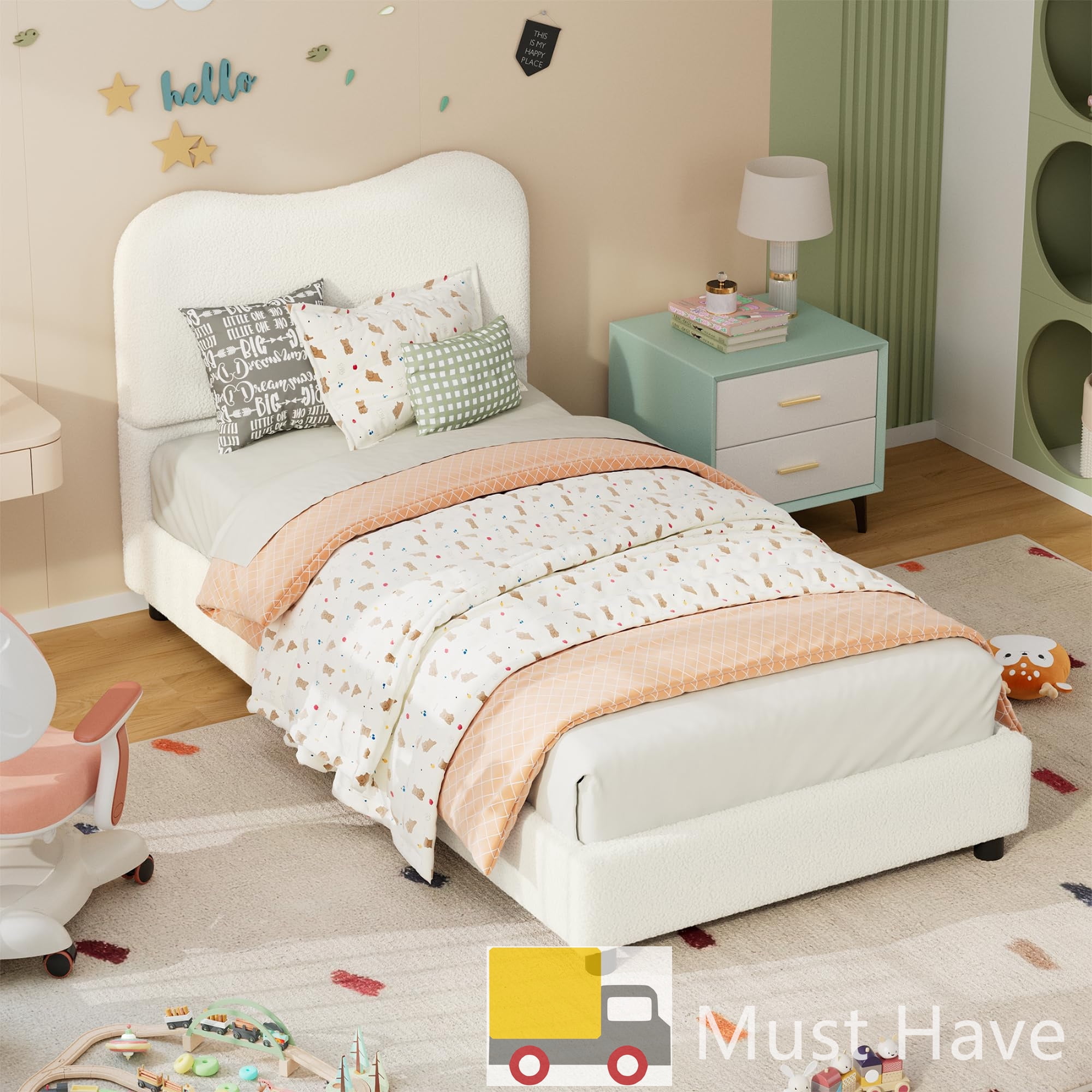 Jojoka Modern Twin Bed Frame Upholstered in Soft Boucle Fabric, Sturdy Wooden Slats, No Gap Headboard, Easy Assembly, No Box Spring Needed, Beige