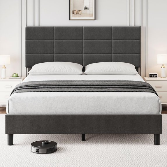 Jojoka Queen Size Bed Frame with Adjustable Linen Upholstered Headboard, Sturdy Metal Platform with Solid Wooden Slats Support, No Box Spring Needed, Noise-Free, Easy Assembly, Grey
