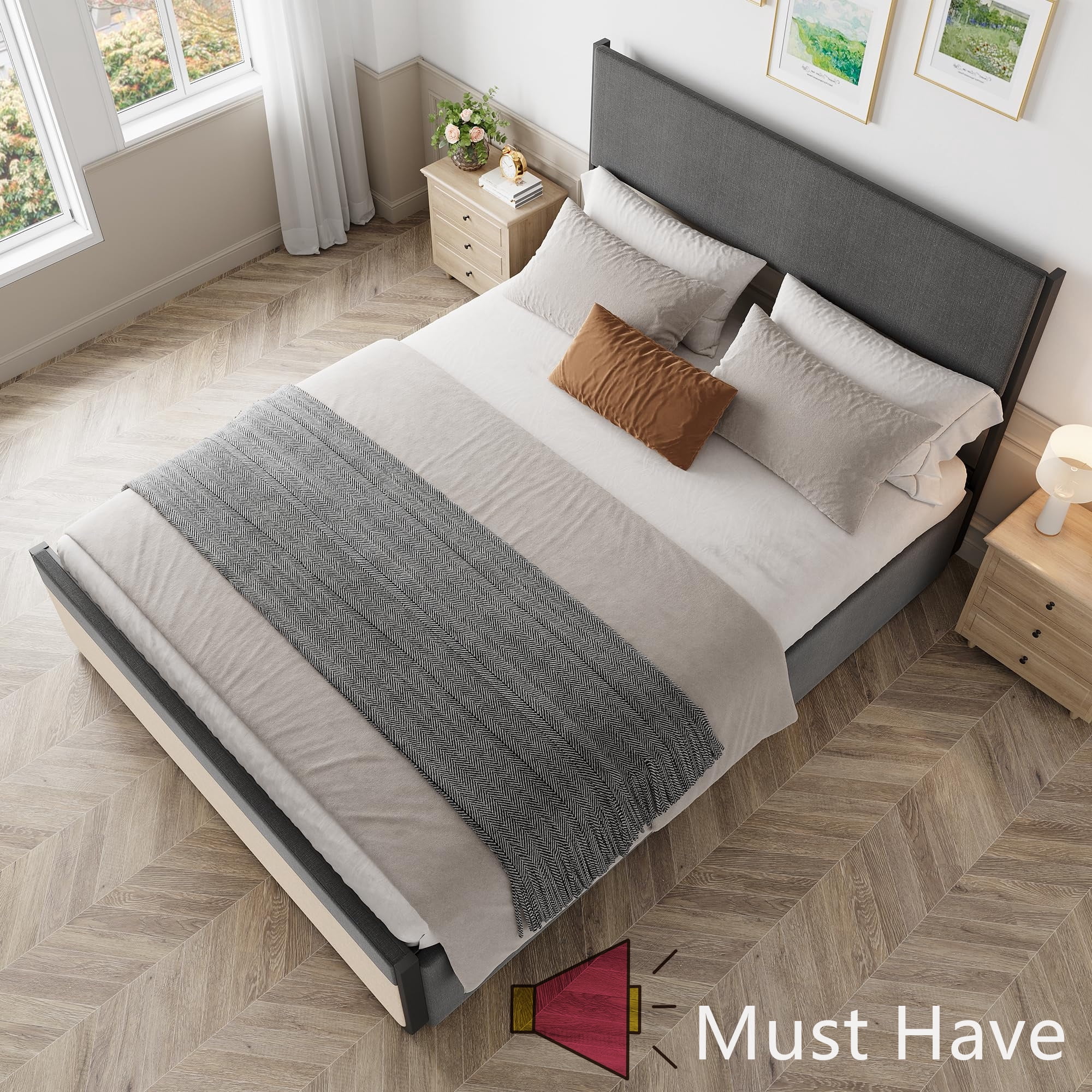 Jojoka Queen Size Upholstered Platform Bed Frame with 2 Storage Drawers, Headboard & Footboard, 14" Mattress Foundation with Steel Slats, Noise-Free Design, No Box Spring Needed
