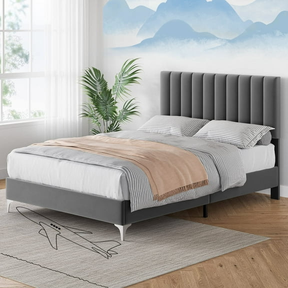 Jojoka Queen Size Velvet Upholstered Platform Bed Frame with Tall Adjustable Headboard, Sturdy Wood Slats, Heavy Duty Metal Frame, No Box Spring Needed, Noise-Free, Easy Assembly