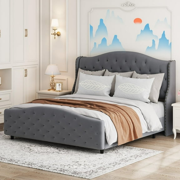 Jojoka Queen Size Velvet Upholstered Platform Bed Frame with Tufted Wingback Headboard & Footboard, No Box Spring Needed, Metal Slats, Easy Assembly, Gray