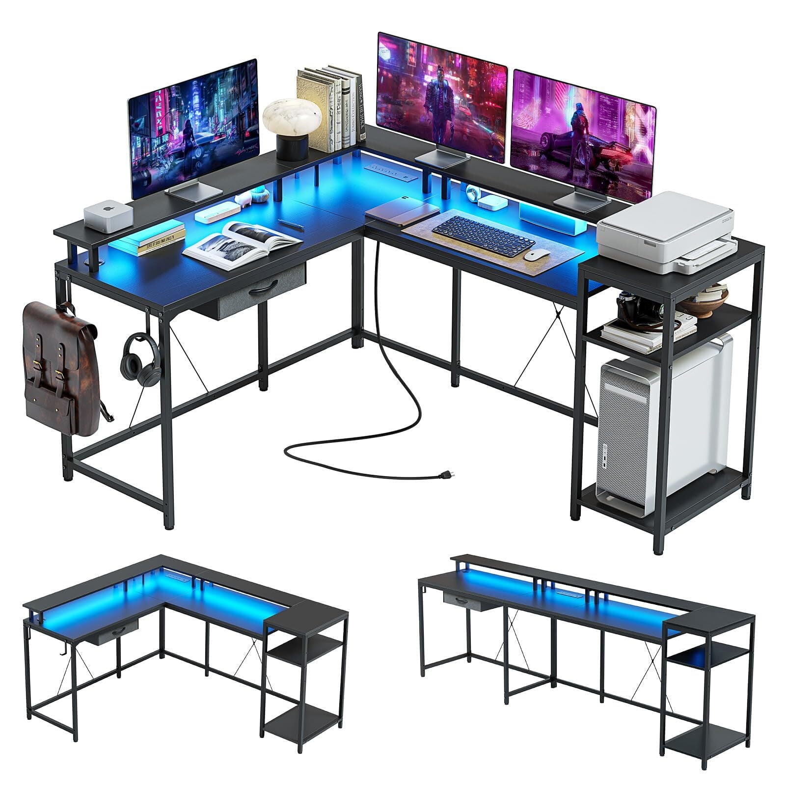 Black L-Shaped Gaming Desk with LED Lights, Power Outlets, and Storage