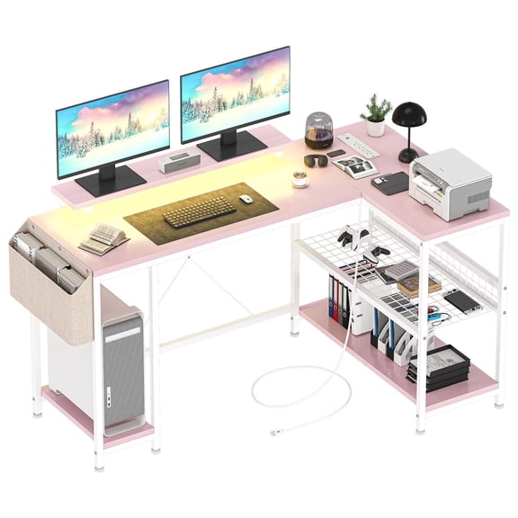 Jojoka 49.6" Reversible L Shaped Computer Gaming Desk with LED Light & Power Outlets, Corner PC Desk with Storage Shelves & Monitor Stand, Home Office Desk, Writing Desk, Workstation, Pink