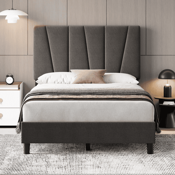 Jojoka Twin Size Bed Frame with Adjustable Upholstered Headboard, Sturdy Metal Platform with Solid Wooden Slats Support, No Box Spring Needed, Noise-Free, Easy Assembly