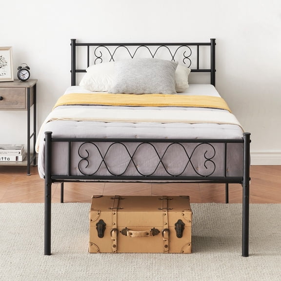 Jojoka Twin Size Bed Frame with Iron-Art Sweet Heart, Metal Slats Support Platform Bed Frame with Headboard and Footboard, Noise-Free, No Box Spring Needed, Easy Assembly, for Boys & Girls, Black