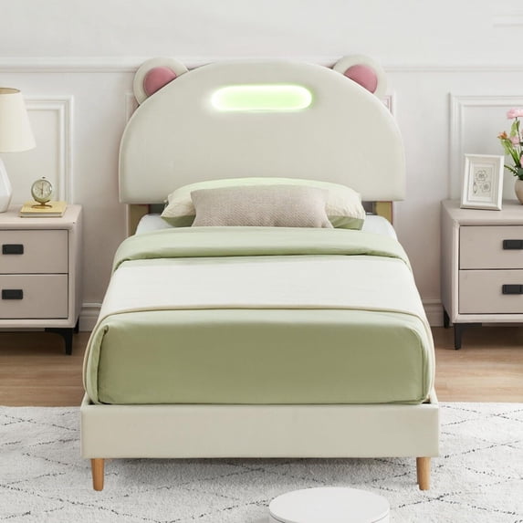 Jojoka Twin Size Bed Frame with LED Lights, Velvet Upholstered Platform with Cute Panda Headboard & Wooden Slats Support, Noise-Free, No Box Spring Needed, Easy Assembly, For Boys and Girls, Beige