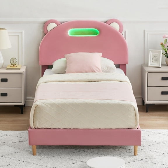 Jojoka Twin Size Bed Frame with LED Lights, Velvet Upholstered Platform with Cute Panda Headboard & Wooden Slats Support, Noise-Free, No Box Spring Needed, Easy Assembly, For Boys and Girls, Pink