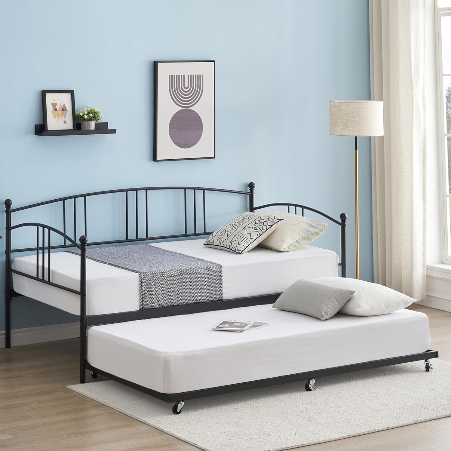 Jojoka Twin Size Metal Daybed with Trundle, Day Bed with 6 Casters