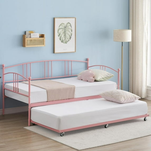 Jojoka Twin Size Metal Daybed with Trundle, Day Bed with 6 Casters Pullout Trundle, Steel Slat Support Sofa Bed Frame for Small Space, Guest Room, Bedroom, Living Room, Apartment, Pink
