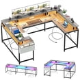 thumbnail image 1 of Jojoka U Shaped Computer Gaming Desk with LED Light & Power Outlets, Reversible 78.8" Large PC Desk with Monitor Stand & Storage Bag, Home Office Desk, Study Desk, Writing Desk, Workstation, Grey, 1 of 8