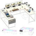 thumbnail image 1 of Jojoka U Shaped Computer Gaming Desk with LED Light & Power Outlets, Reversible 78.8" Large PC Desk with Monitor Stand & Storage Bag, Home Office Desk, Study Desk, Writing Desk, Workstation, White, 1 of 8