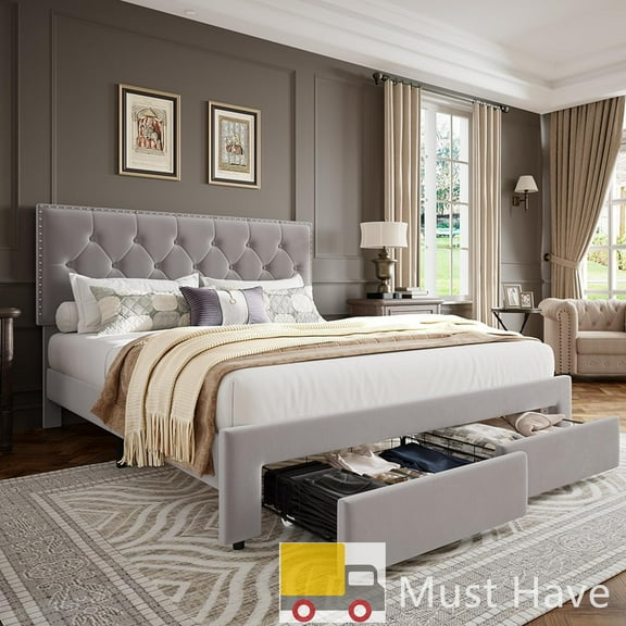 Jojoka Upholstered King Bed Frame with Storage Drawers, Velvet Platform Bed with Tufted Headboard & Rivets, No Box Spring Needed, Noise Free, Beige