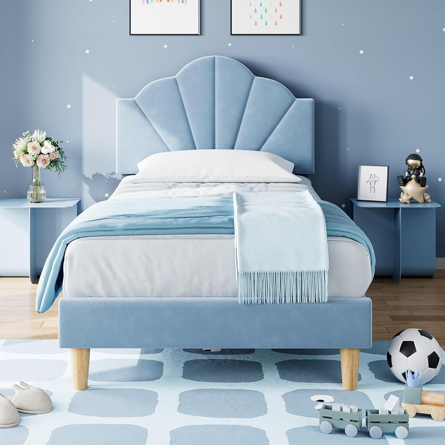 Jojoka Velvet Upholstered Twin Size Bed Frame with Adjustable Headboard, Cute Platform with Strong Wooden Slats Support, No Box Spring Needed, Easy Assembly, for Boys & Girls, Black