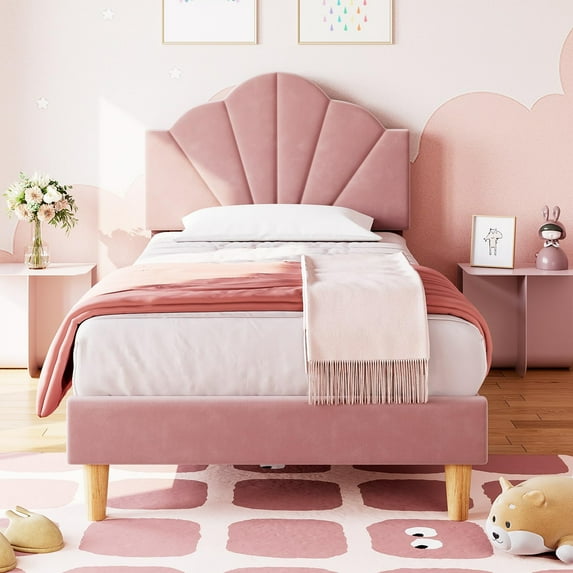 Jojoka Velvet Upholstered Twin Size Bed Frame with Adjustable Headboard, Cute Platform with Strong Wooden Slats Support, No Box Spring Needed, Easy Assembly, for Boys & Girls, Pink