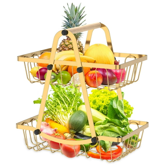 Jokapy 2-Tier Fruit Basket with Wooden Handle, Steel Pantry Organizer for Kitchen Counter, Gold