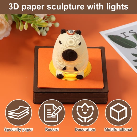 Jokapy 3D Memo Pad, 255 Sheets Capybara Desktop Art Sticky Note Pads with Light, Brown