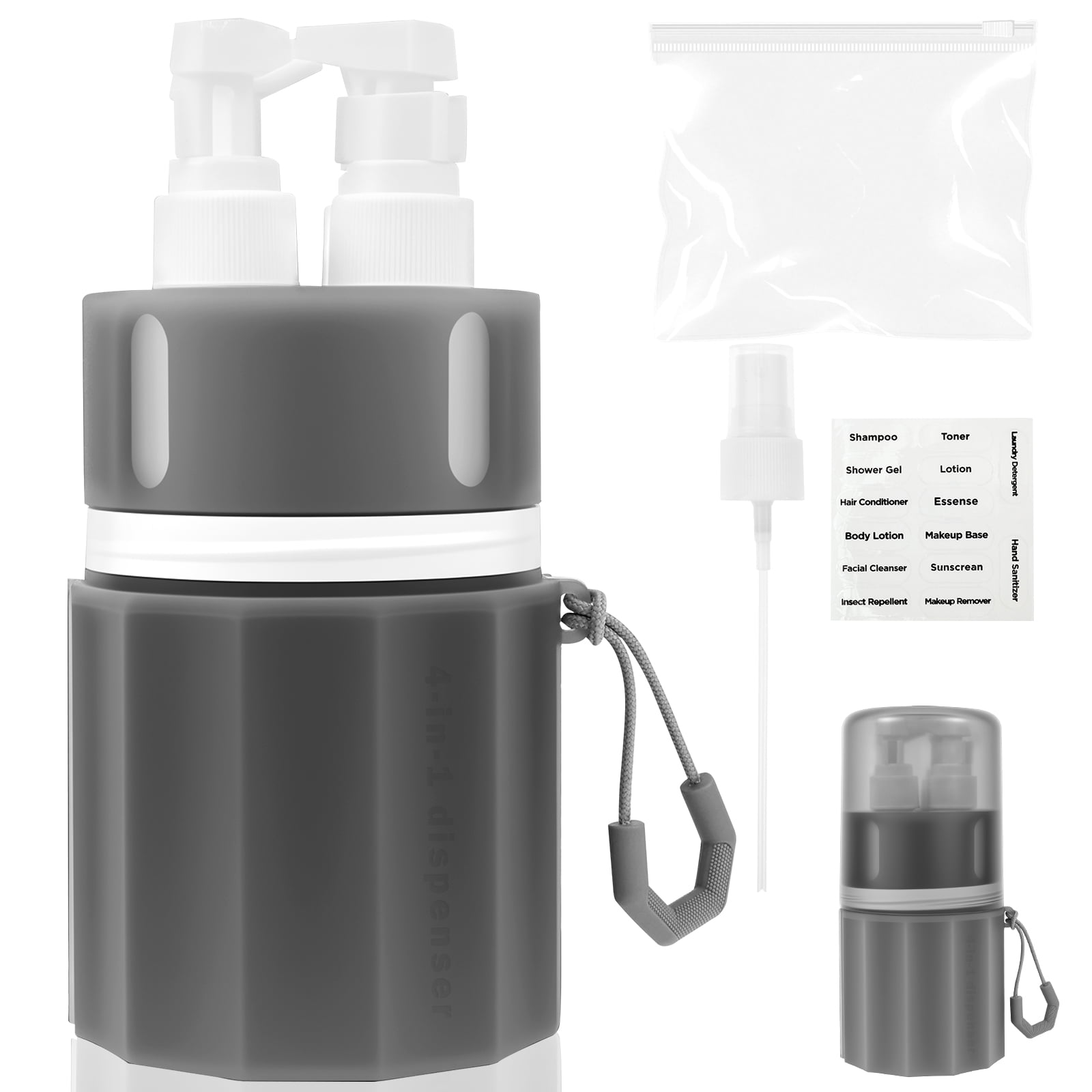 Jokapy 4 in 1 Silicone Refillable Toiletry Travel Bottles with Suction Cup, TSA Approved Leak Proof, Gray
