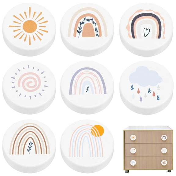 Jokapy Boho White Round Wooden Cabinet Door Drawers Knobs, 35mm, Colorful Pattern, 8 Pack