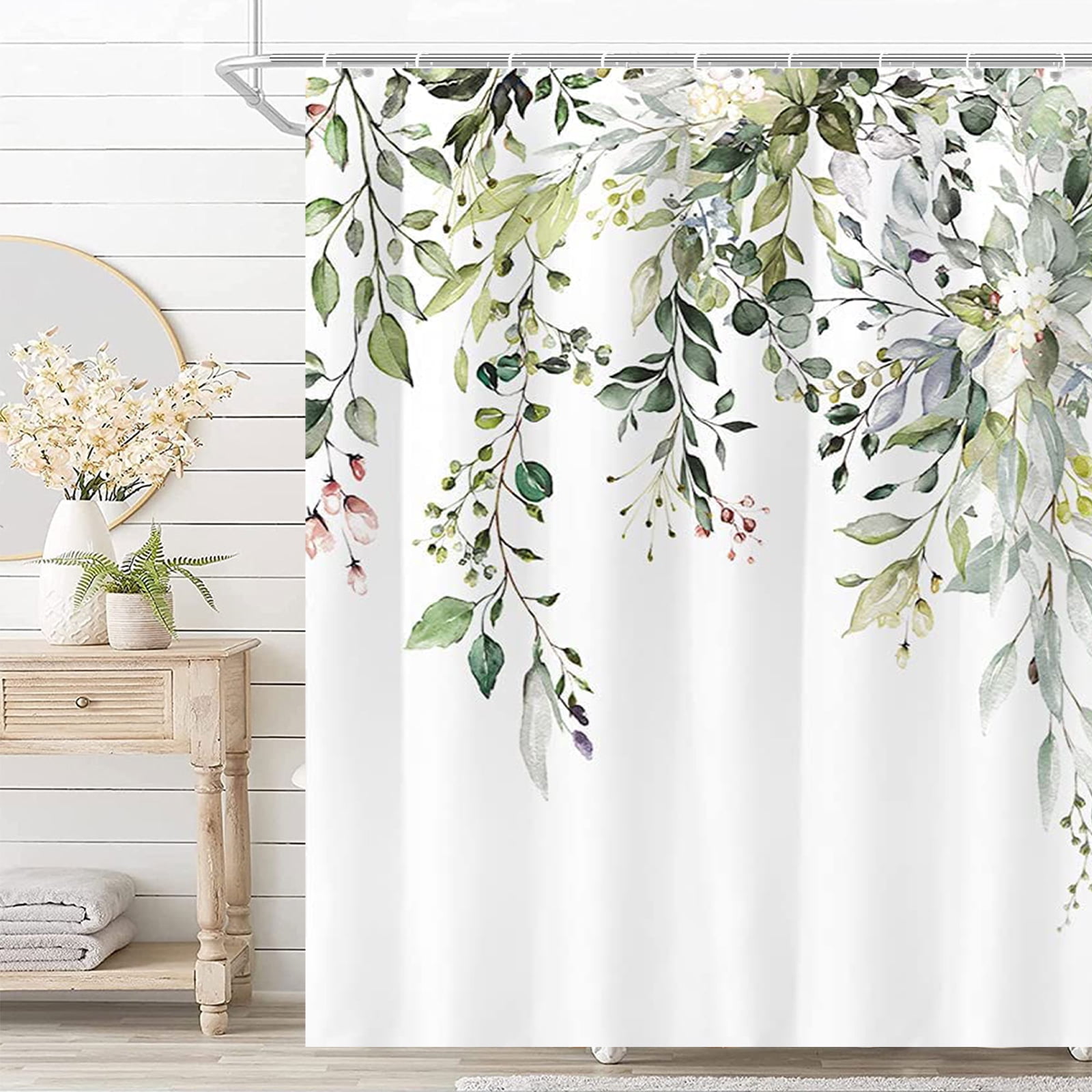 Jokapy Green Eucalyptus Fabric Shower Curtain, Watercolor Floral