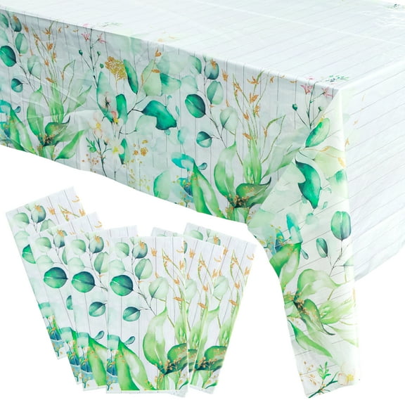 Jokapy Green Floral Plastic Tablecloth, Rectangle Eucalyptus Leaf Table Cover, 54" x 108", 6 Pack