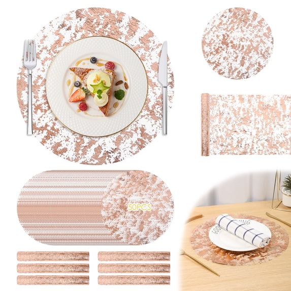 Jokapy Rose Gold Foil Table Runner and Placemats Set, Party Table Decorations(6 Table Runner 108" Long and 50 Placemats)
