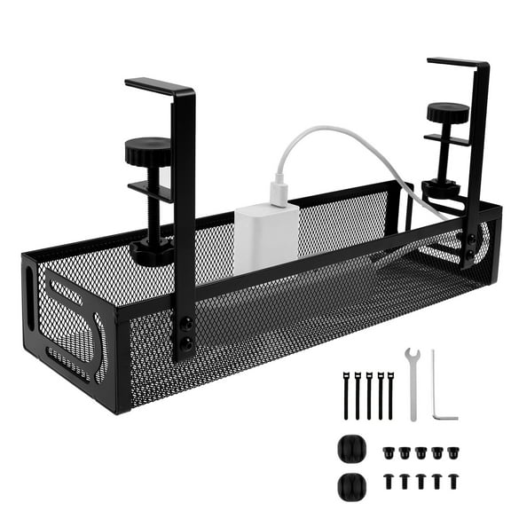 Jokapy Under Desk Cable Management Tray with Clamp Mount, 15" Metal Mesh Cord Organizer, Black