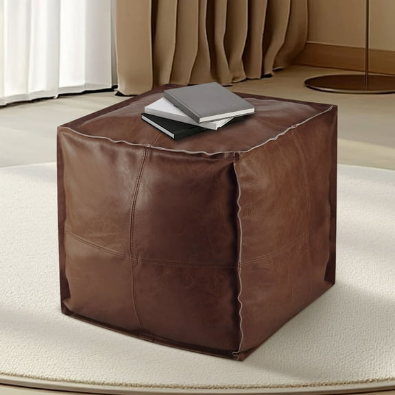 Jokapy Unstuffed Moroccan PU Leather Ottoman Cover Modern Square Footrest Stool Slipcover, Brown